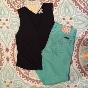 Turquoise MissMe jeans and a black dress top